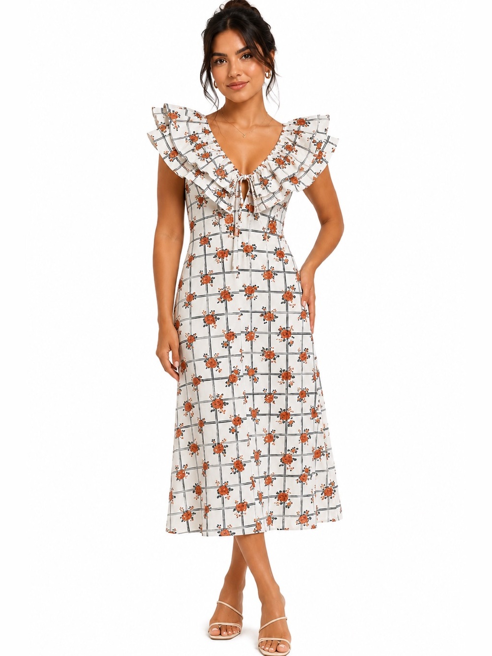 Zara‎ Dress Floral Ruffle Check Print White Black Midi Size Large NWOT